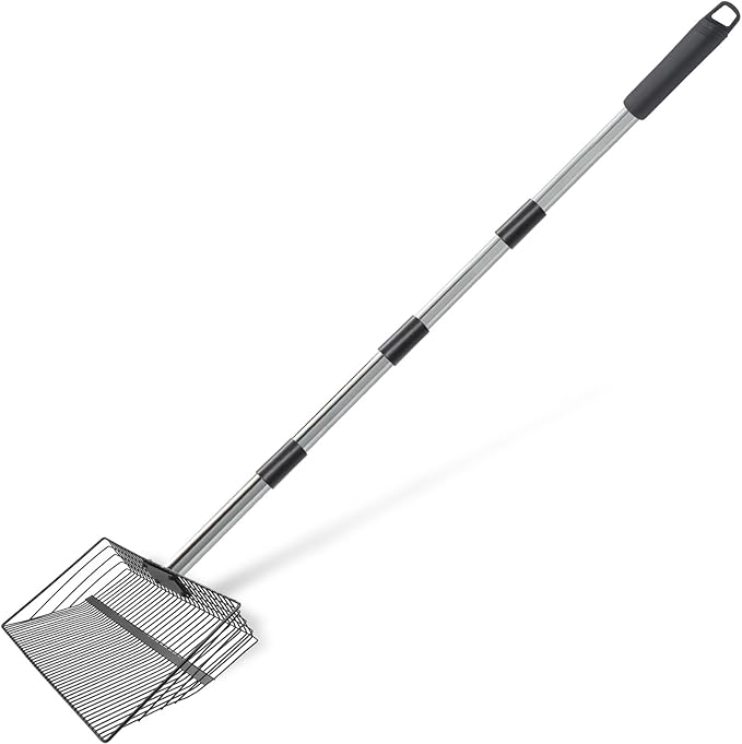 4-in-1 Chicken Poop Scooper & Rake, 15" Large Metal Sifting Shovel Poop Scooper for Sand, Adjustable Stainless Steel Handle 22"-65" for Coop Cleaning,Farms,Courtyards,Poultry Houses