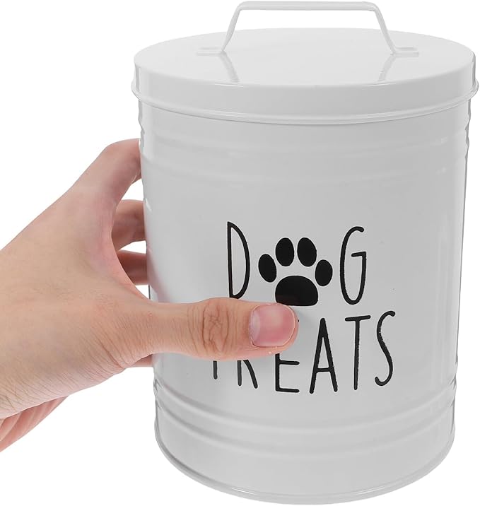 Airtight Iron Dog Food Storage Container with Lid, White Sealed Dog Treat Jar for Small to Medium Pets, Sturdy Metal Grain Storage Barrel for Home Use