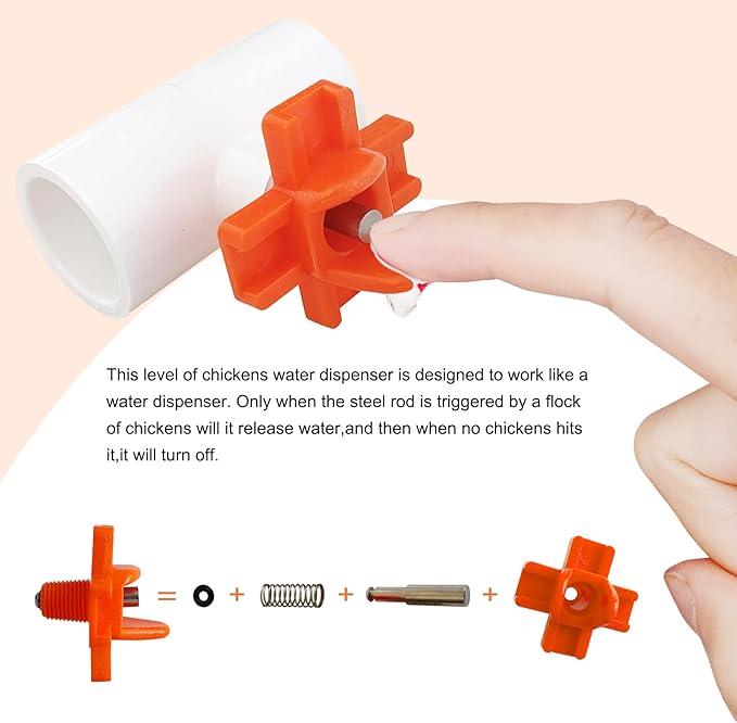 Horizontal Chicken Waterer Nipples with 1/2 PVC Tee Fittings DIY Automatic Chicken Watering System Kit (Orange, 6Pcs)