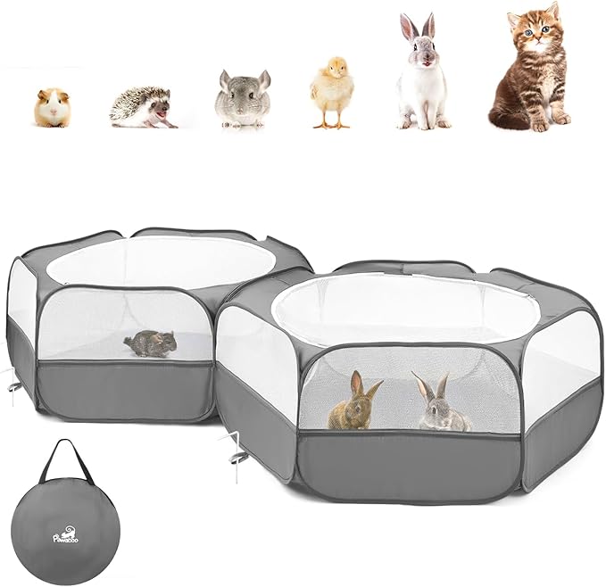 Pawaboo Extra Large 2-in-1 Small Animals Playpen, 2 Detachable Pet Cage Tent with Zipper Splicing, Portable Outdoor Yard Fence with 3 Metal Rod for Chick/Kitten/Puppy/Guinea Pig/Rabbits, Gray
