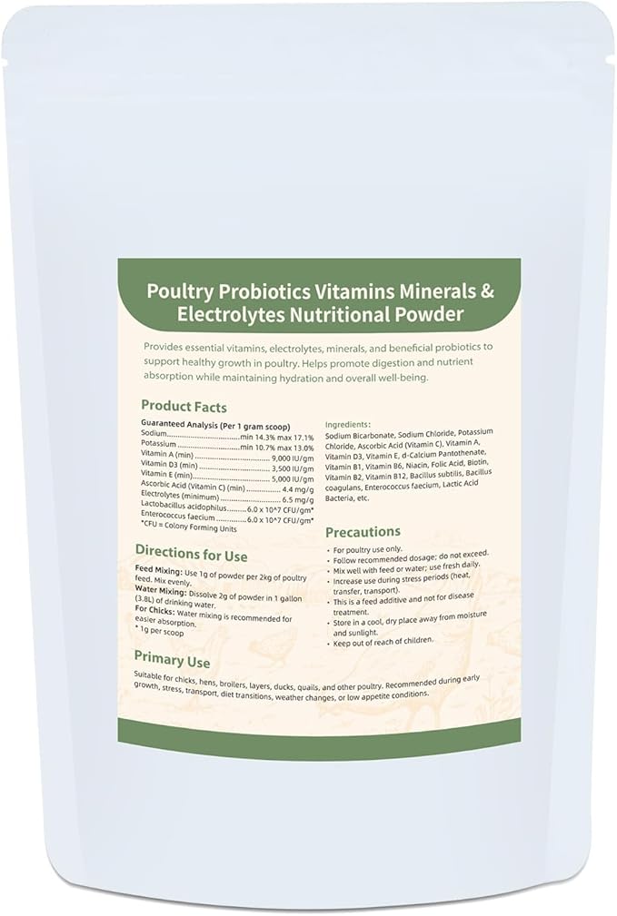 Chick Probiotics Powder, 4-in-1 Poultry Nutrition with Probiotics Vitamins Minerals & Electrolytes, Supports Digestion Hydration & Healthy Growth for Chicks, Poultry Nutrient Boost Supplements Feed