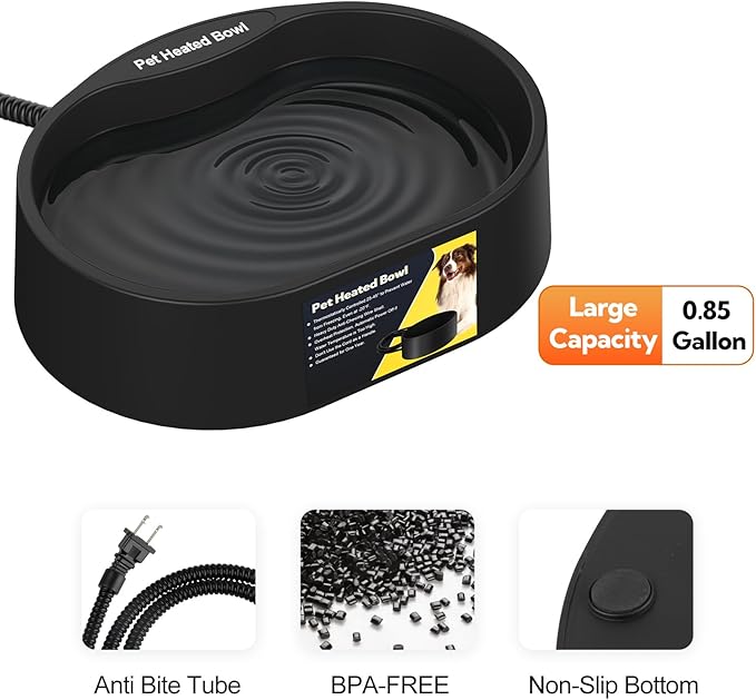 Heated Water Bowl for Dogs and Cats,Large Heated Dog Bowl with Chew Resistant Power, Waterproof Heated Pet Bowls for Outside in Winter,Provide Warmable Water for Dogs, Cats,Birds, (Black