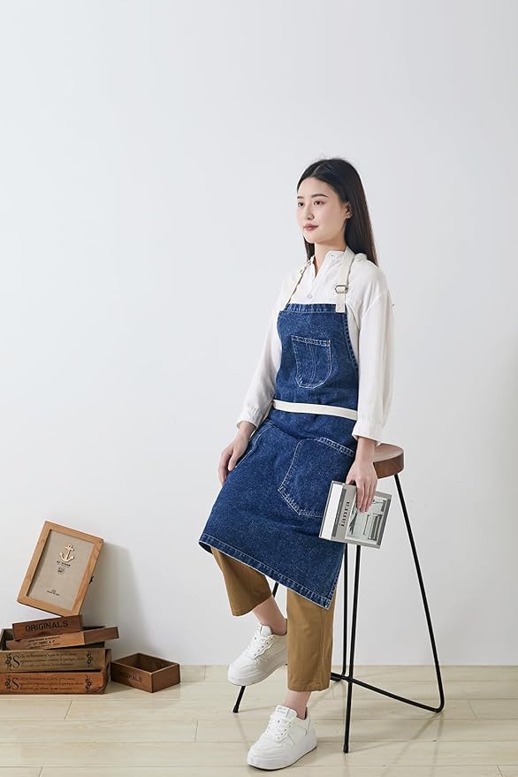 Cotton Denim Apron Soft - Unisex Adjustable Bib Apron with 5-Pockets Perfect for Kitchens