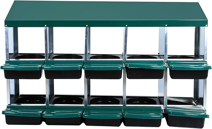 10 Compartment Metal Chicken Nesting Box, Automatic Roll-Out Egg Collection, Waterproof Galvanized Steel Laying Box, for Hens Ducks Rabbits, Green