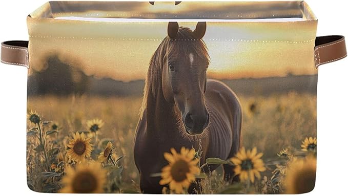 JIPONI Horse Sunflower Fabric Storage Bins for Shelves, Decorative Storage baskets for organizing, Closet Organizer with Handle for Cloth, Toys