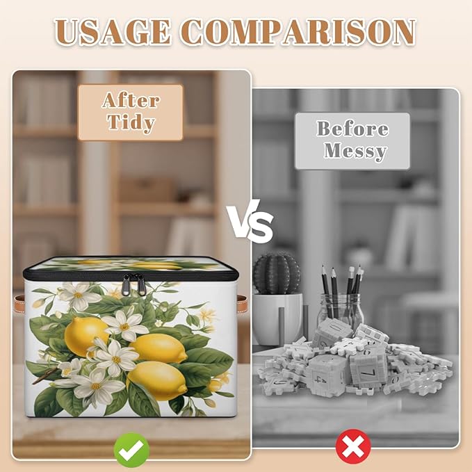 Lemon Fruits Storage Bins with Lids, White Flower Fabric Storage Boxes with Zipper, Collapsible Decorative Closet Organizer Cube for Clothes, Toys, Organizing, Shelves