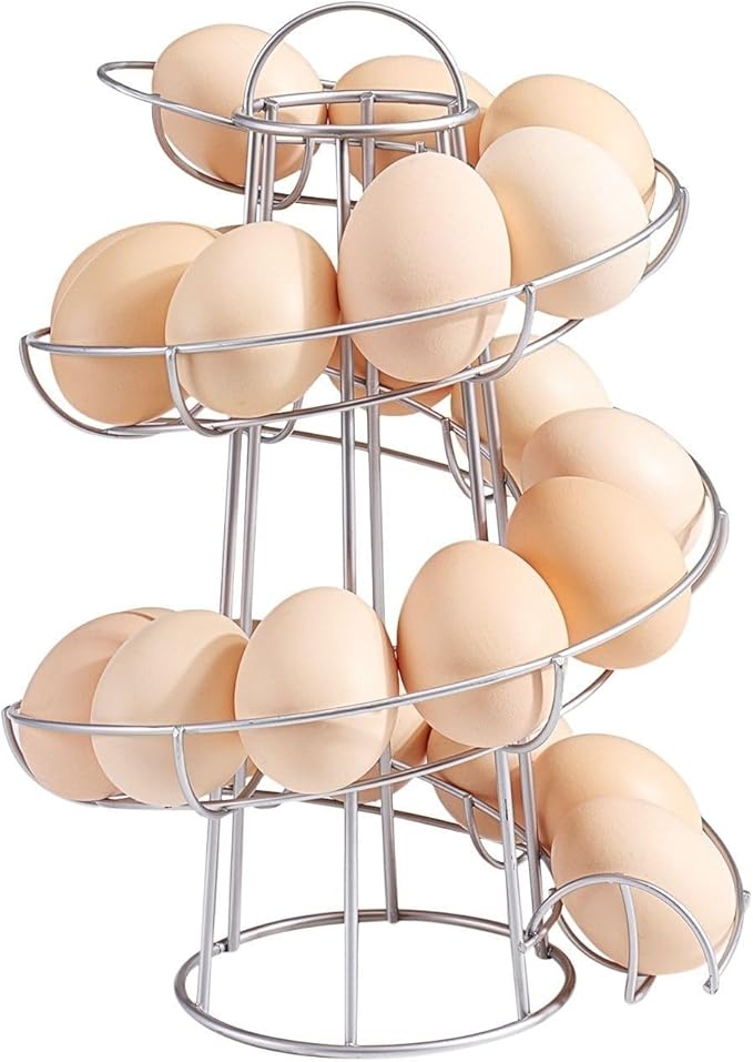Flexzion Egg Skelter Modern Spiral Egg Holder Countertop (Medium Egg Display) - Freestanding Wired Countertop Egg Holder for Fresh Eggs, Dispenser Stand, Storage Rack for Kitchen, Silver