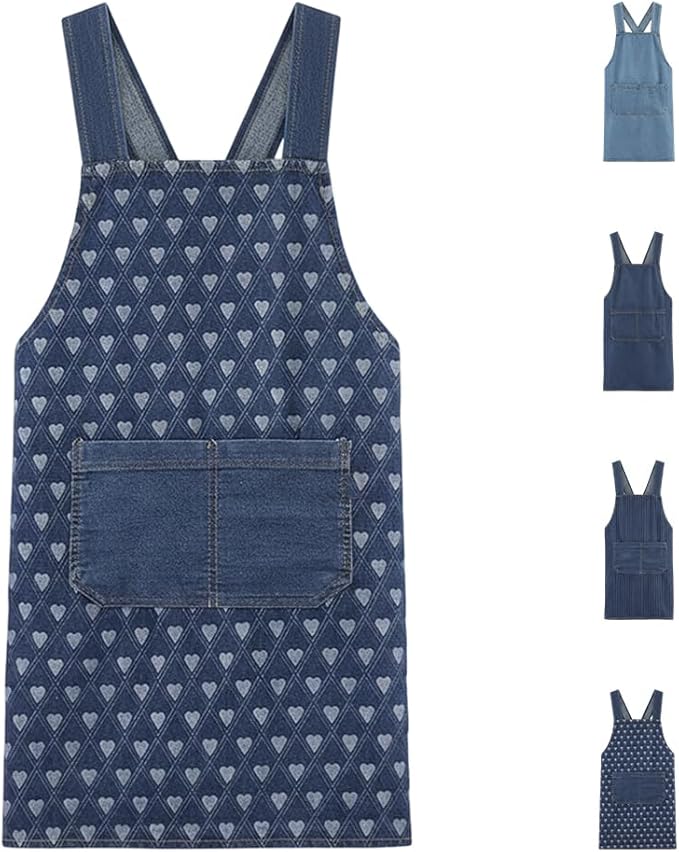 Apron with Pockets for Women and Men, Lightweight Cotton Jean Cross Back Apron with Front Pocket for Cooking Gardening