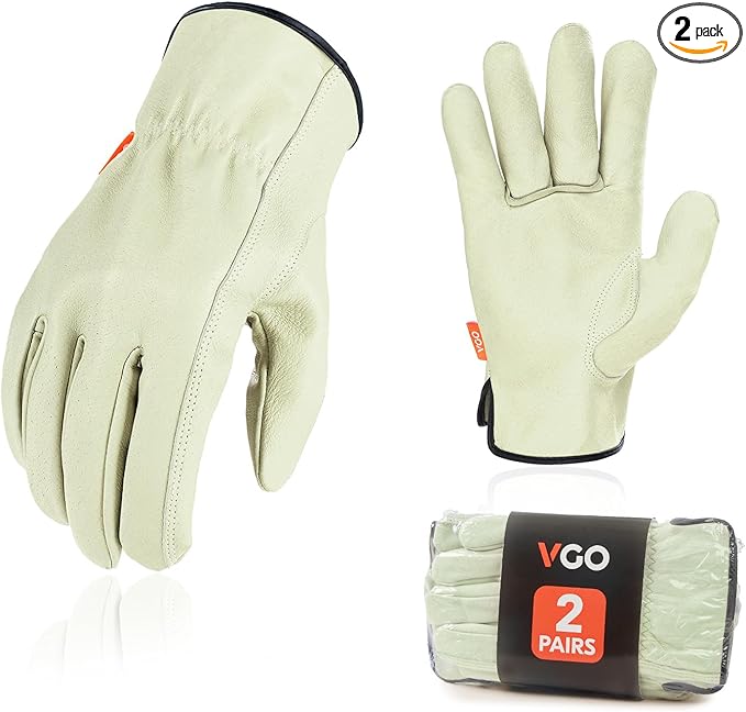 Vgo... 2-Pairs Ulined Safety Pigskin Leather Work Gloves Men, Rigger Gloves, Builder Gloves (Size L, Light Cyan, PA9501)