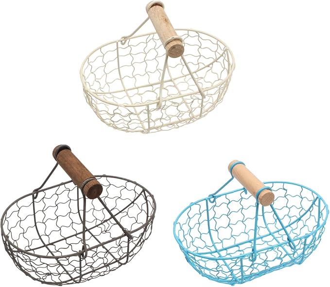 Metal Wire Basket with Wooden Handles Farmhouse Chicken Egg Storage Basket Vintage Country Style Metal Fruit Baskets Gathering Bin Container for Home Kitchen Wedding(Dark gray)