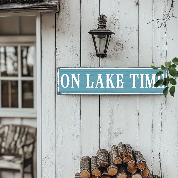 On Lake Time Metal Tin Sign Rustic Lake Decor Wall Hanging Art Vintage Style Wall Decor for Living Room Bedroom Cabin Porch Lake House 4x16 Inch