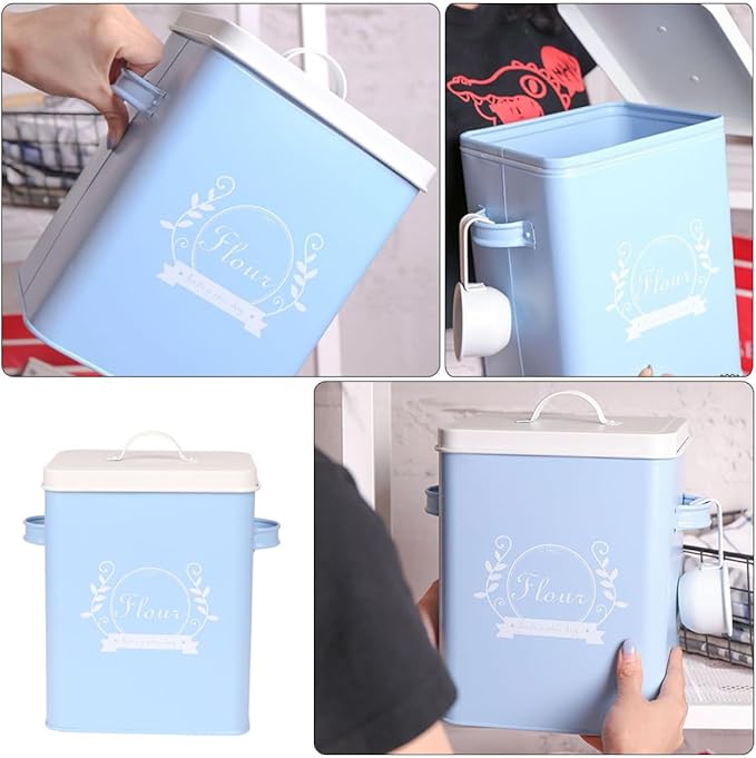 Iron Rice Bucket and Bread Storage Box, Galvanized Metal Kitchen Organizing Container, Blue Multi-function Grain and Snack Storage Bin for Home Use