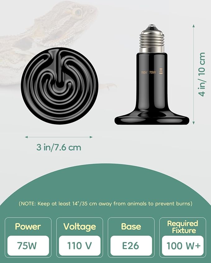 Pawfly 75 W E26 Ceramic Heat Emitter for Reptiles, No Light Emitting Reptile Heat Lamp Bulb, Infrared Ceramics Heat Bulb for Amphibian Chicken Snake Lizard, Ceramic Heat Lamp, Pet Brooder Coop Heater