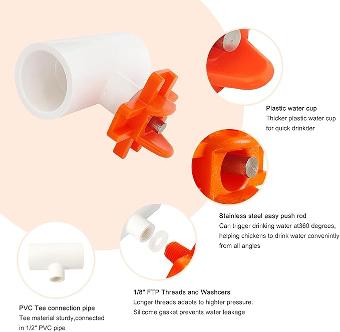 Horizontal Chicken Waterer Nipples with 1/2 PVC Tee Fittings DIY Automatic Chicken Watering System Kit (Orange, 8Pcs)