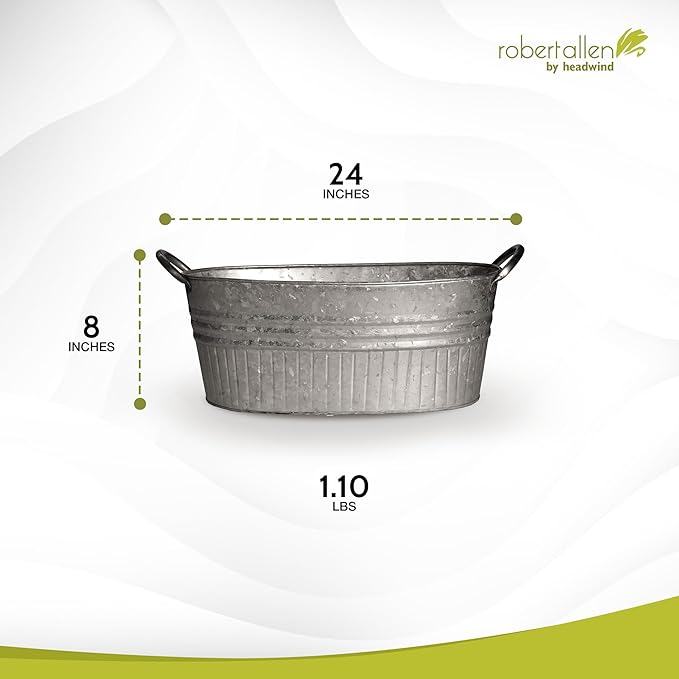 Headwind Decorative Planter - Oval Galvanized Tubs Planter with Handles – 24 Inch Lightweight Steel Indoor Oval Plant Pot with Drainage Holes – Large Galvanized Tub Flower Bucket – Outdoor Planter