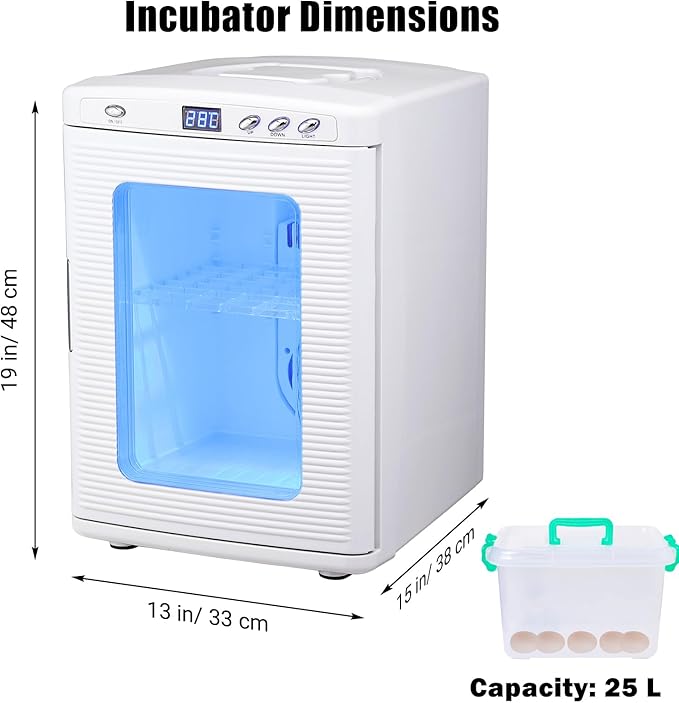 25 L Laboratory Incubator, Portable Reptile Science Laboratory Incubator, Digital Temperature Controlled 10°C-60°C (72°F to 140°F), Reptile Egg Incubator with AC&DC Power for Small Reptiles White