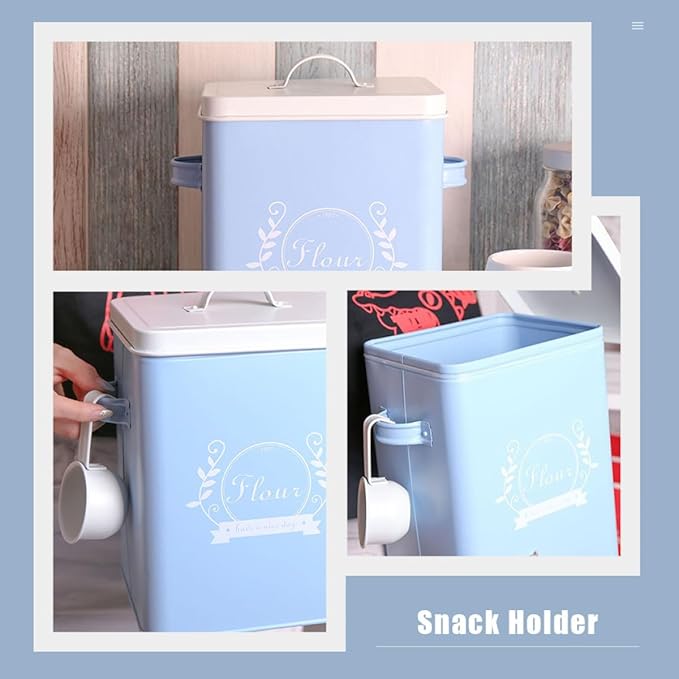 Iron Rice Storage Box Blue Grain Container Kitchen Food Storage Organizer Sturdy Galvanized Metal Bread Bin for Household Pantry