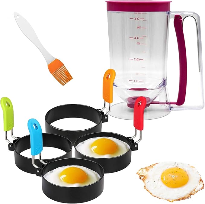 6 Piece Griddle Breakfast Kit, Pancake Batter Dispenser, Compatible with Griddle Accessories, Included 4 Egg Rings & Basting Brush, Kitchen Baking Tool for Indoor-Outdoor Cooking