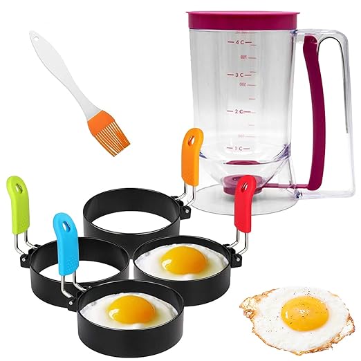 Griddle Breakfast Kit, Pancake Batter Dispenser, Griddle Accessories Including 4 Egg Rings and Silicone Oil Brush, 900ml Easy to Use Cupcake Dispenser for Baking Pancake