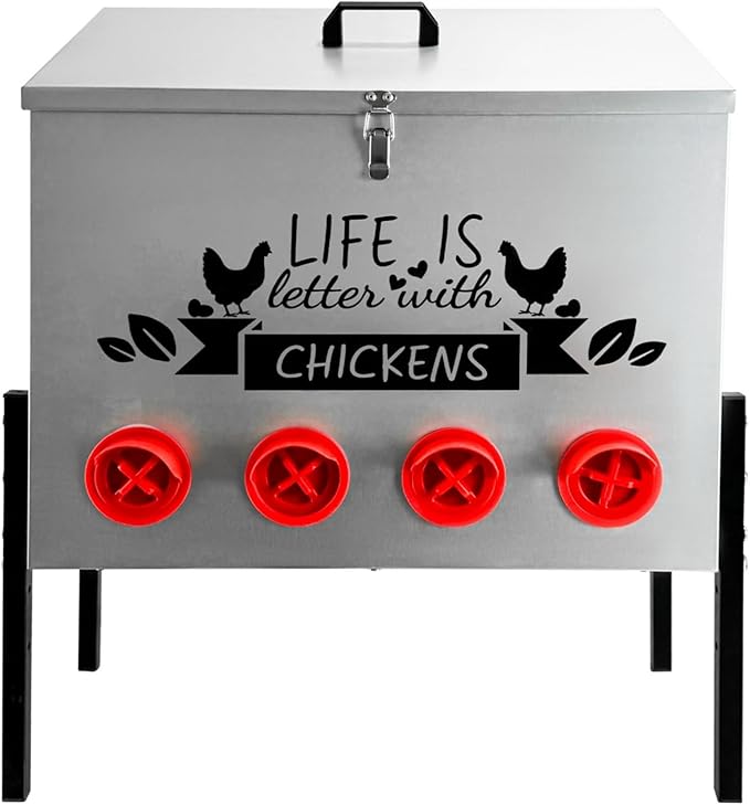95LB Automatic Chicken Feeder with 10 Ports No Waste Galvanized Metal Poultry Feeder Outdoor Chicken Feeder Box with Adjustable Height Legs and Locking Lid for Chickens Ducks Geese Silver