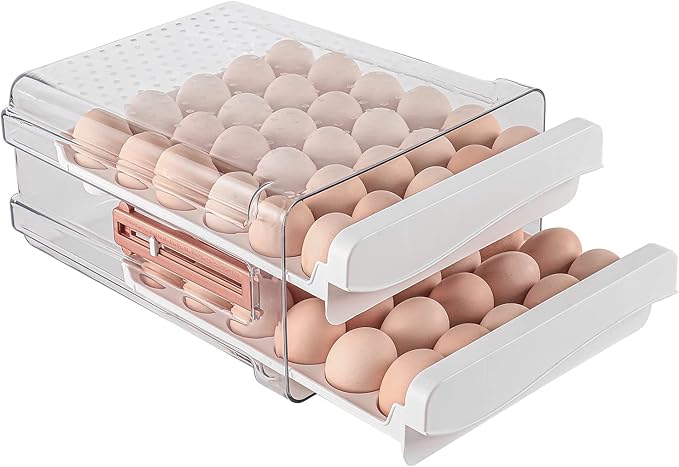 Sooyee 60 Capacity Egg Container for Refrigerator, Household Egg Holder for Fridge, Transparent 2 Drawers Chicken Egg Storage Container,White