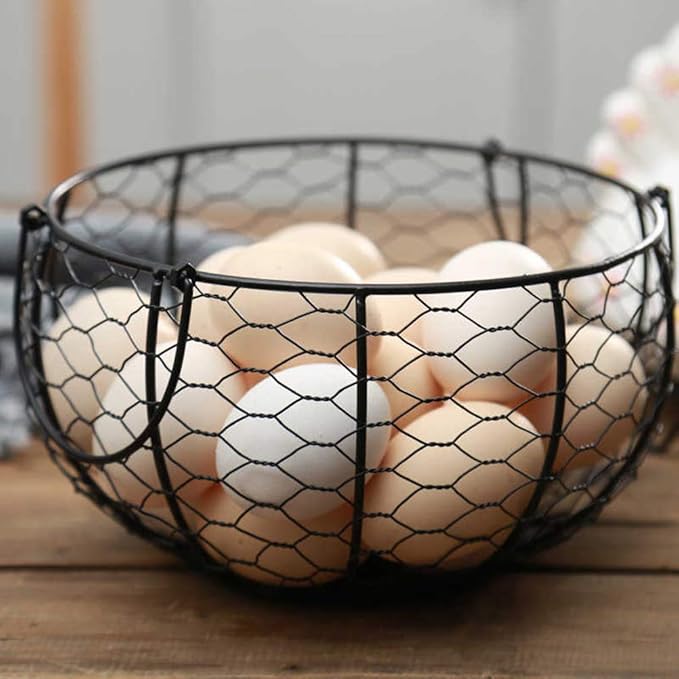 Wire Egg Basket with Handle, Farmhouse Metal Egg Holder Vintage Chicken Egg Collecting Basket Container Countertop Round Rustic Fruit Baskets