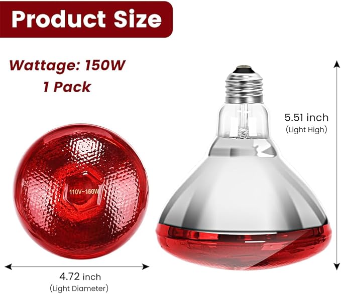 Infrared Heat Lamp Bulb for Chickens Red Heat Lamp Flood Light Heat Lamp Bulb 150 W Heating Bulbs for Brooder Coops Pets Chicks Reptiles Food Service (1 Pack)