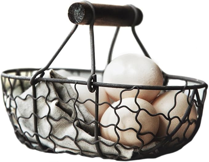 Wire Egg Basket Round Egg Collecting Basket with Wooden Handle for Farm Fresh Kitchen Decor