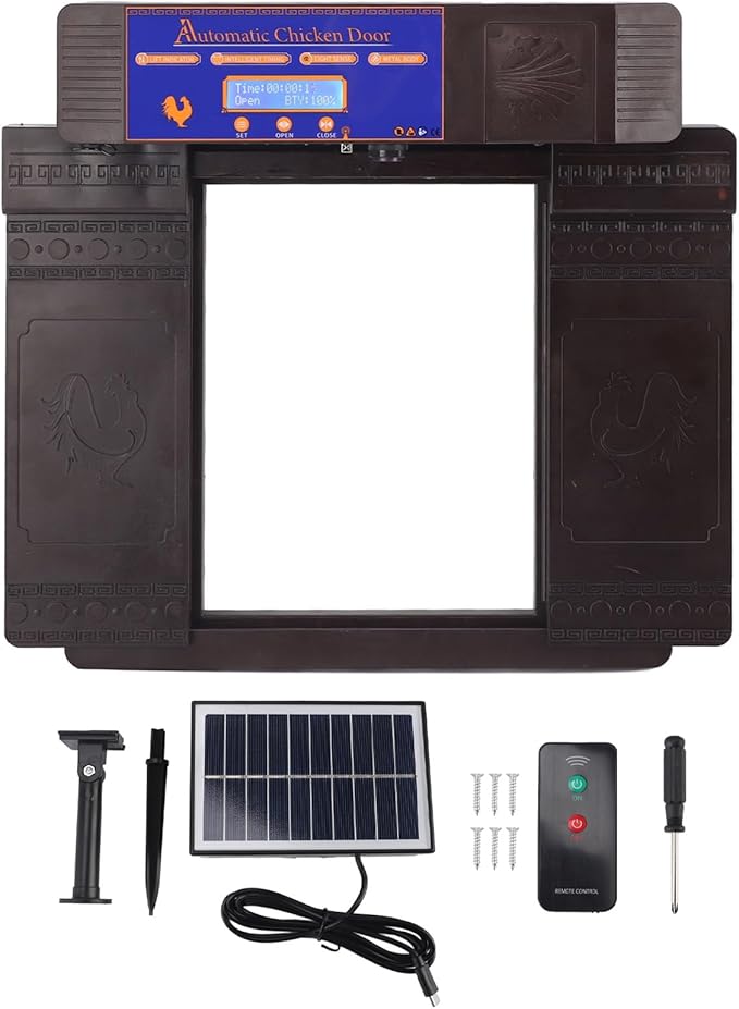 Solar Automatic Chicken Coop Door Professional Infrared Prevents Pinch Multi Modes Auto Coop Door with Timer Light Sensor and Remote Control for Chicken Duck Goose Poultry Plastic (Dark Brown)