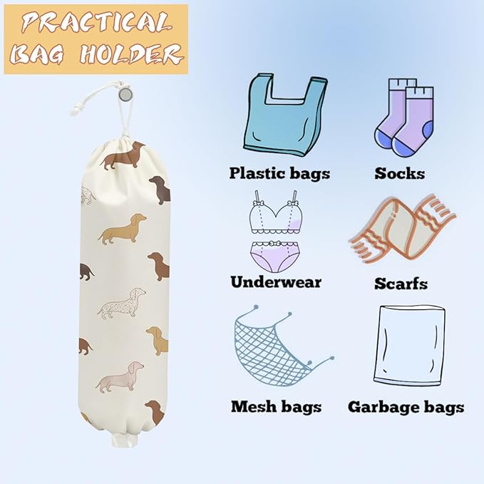 2PCS Dog Plastic Bag Holder, Wall Mount Grocery Bag Holder for Plastic Storage bag, Washable Storage Organizer Reusable Grocery Bags, Pull Rope Free Adjustment, Dog Lovers Gifts for Women