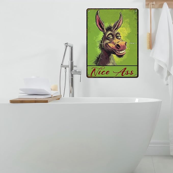 Vintage Donkey Tin Sign Nice Ass Retro Wall Decor Decorations for Home Funny Donkeys Lovers Poster Indoor Store Cafe Toilet Bathroom Restroom Bar Pubs Farmhouse Farm Room 12 * 16inch