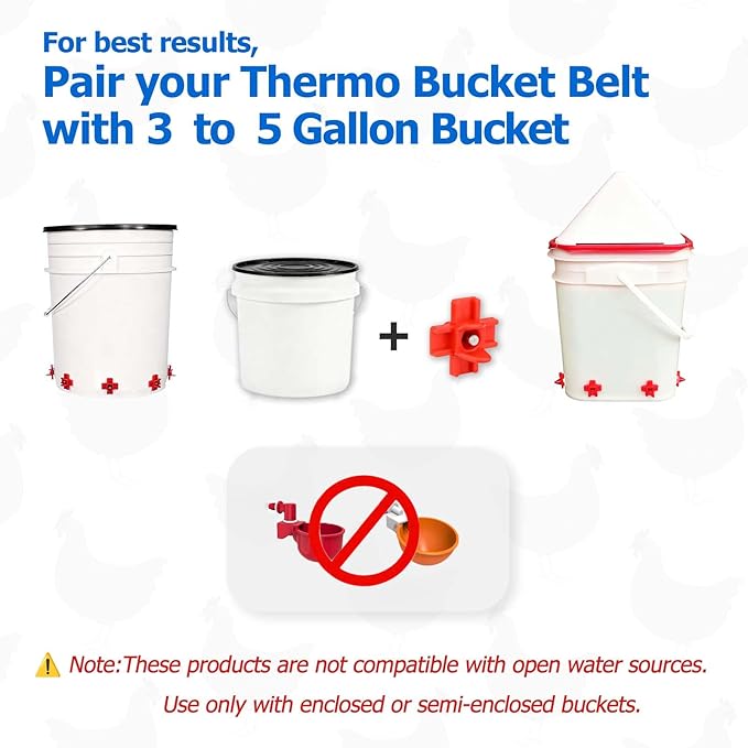 Chicken Water Heater for Winter, 50 Watt Thermo Bucket Belt Heated Strap Fits Most 2-5 Gal Buckets (Turn on Below 68°F and Off at 86°F)