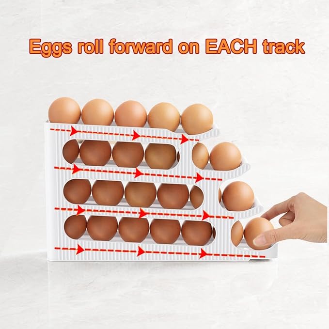 Sotfamily Egg Holder for Fridge, 4 Tiers Auto Rolling Egg Storage Organizer for Refrigerator, Slim Space Saving Container, Dispenser - Egg Roller for Eggs 24 Count