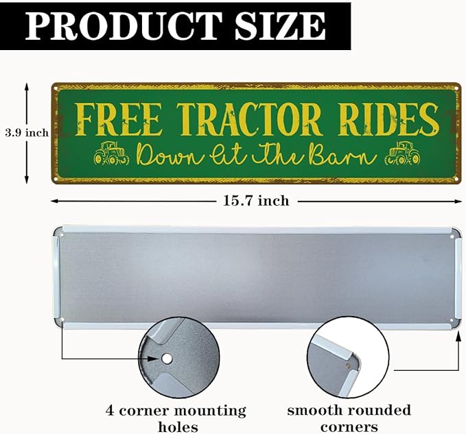 Free Tractor Rides Sign, Rusty Metal Tin Signs 15.8x4 inches, Ranch Decor, Farm Yard Decor, Barn Decors for Outdoor, Vintage Wall Decoration, Premium Quality Metal Aluminum Sign