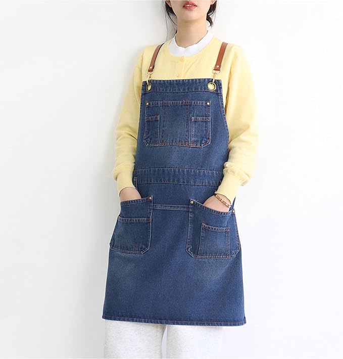 Denim Work Apron Adjustable Cross Back Gardening Aprons Multiple Pockets Men Women Restaurants, Cafes, BBQ