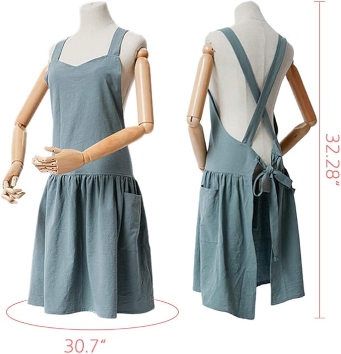NEWGEM Cotton Linen Cross Back Apron for Women with Pockets for Gardening Cleaning Turquoise with Waist Ties