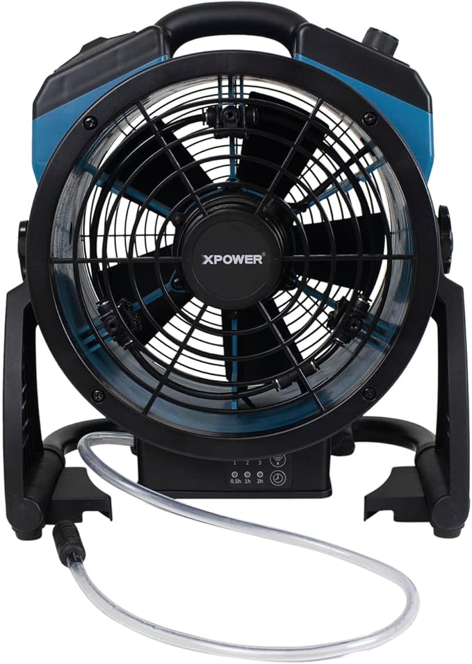 XPOWER Misting Fan FM-65WB, Battery Operated, Rechargeable, w/Water Pump, Mounts on 5 Gal Bucket, Outdoor Cooling, High Velocity, 14 In