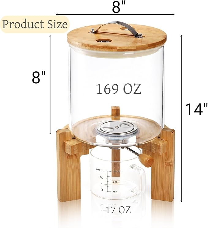 5L Glass Rice Dispenser, Cereal Container with Bamboo Stand, Large Airtight Food Storage Bin, Rice Organization Tank with Measuring Cup for Grain Coffee Beans Dry Food