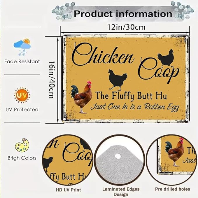 Chicken Coop Outdoor Decor with Fluffy Butt Hut Design 12x16 Inch Tin Sign for Yard Farmhouse Poultry Lovers