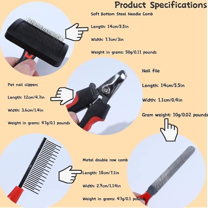 Rabbit Professional Nail Clippers Grooming Kit with Pet Shedding Slicker Brush, Pet Grooming Comb, Nail Clipper Trimmer for Rabbit, Puppy, Kitten, Guinea Pig, Hamster, Ferret (4PCS)