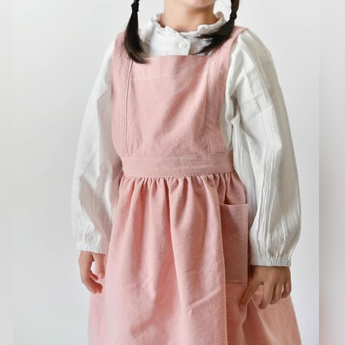 IWEMEK Kids Aprons for Girls Cooking Child Cotton Linen Apron Dress with Pockets Art Baking Gardening Painting Apron Pinafore