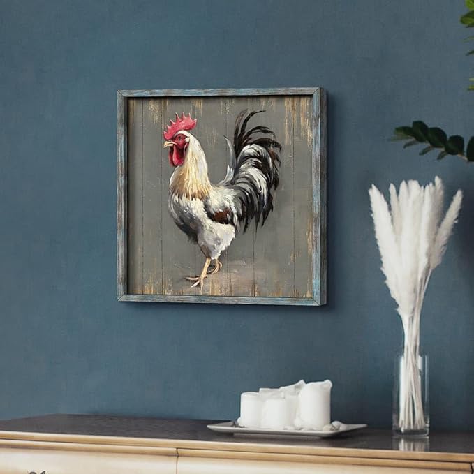 Rooster Wooden Wall Art Decor: Farm Cock Picture Country Animal Framed Artwork Rustic Farmhouse Chicken Painting for the Kitchen Bedroom 12"x12"