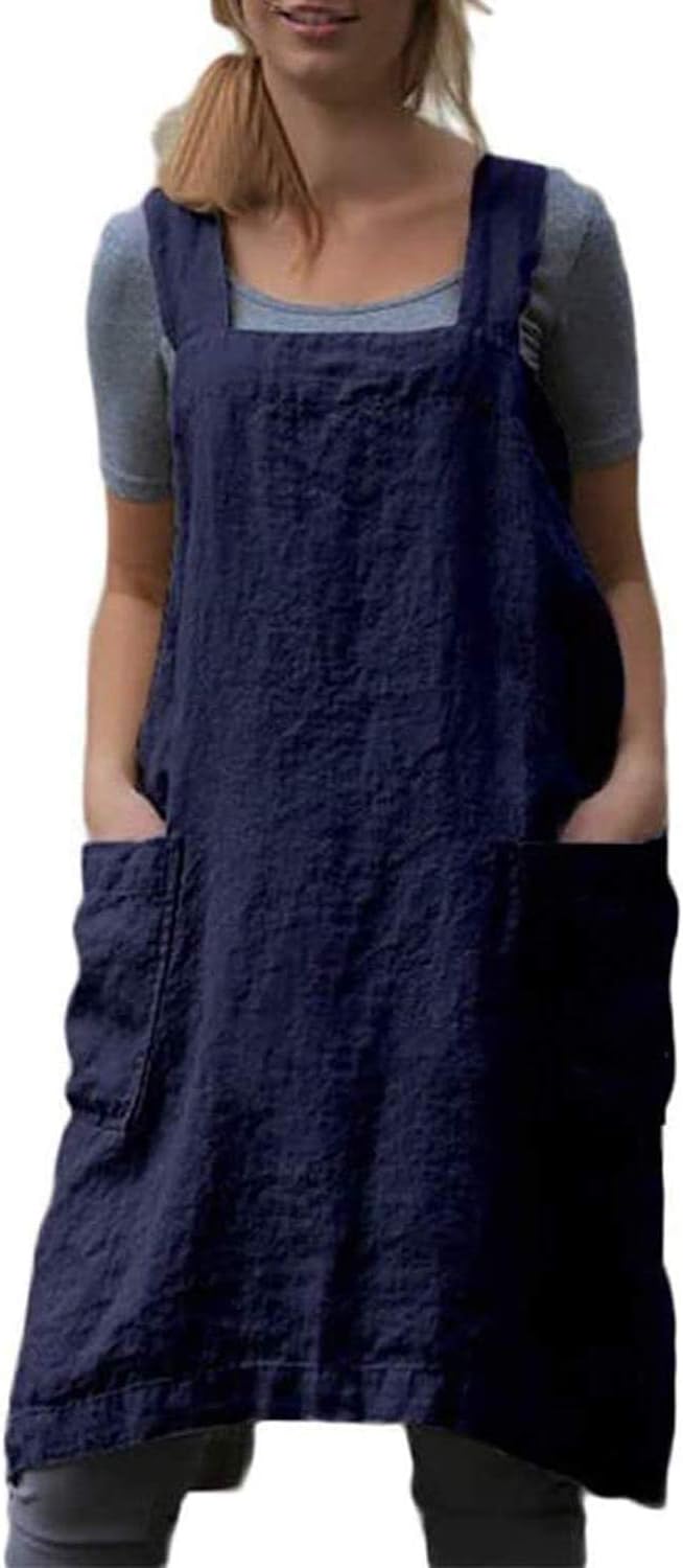 Japanese Pinafore Apron Smock Cotton Apron with Pockets Plus Size Aprons for Women