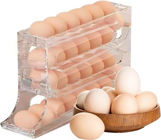 Automatic Rolling Egg Storage For Refrigerator, Fridge Organizer, Space Saving Refrigerator Egg Holder For Fridge ,Holds 28 Egg Storage，for Refrigerator,Kitchen,Cabinets,Tabl(transparent)