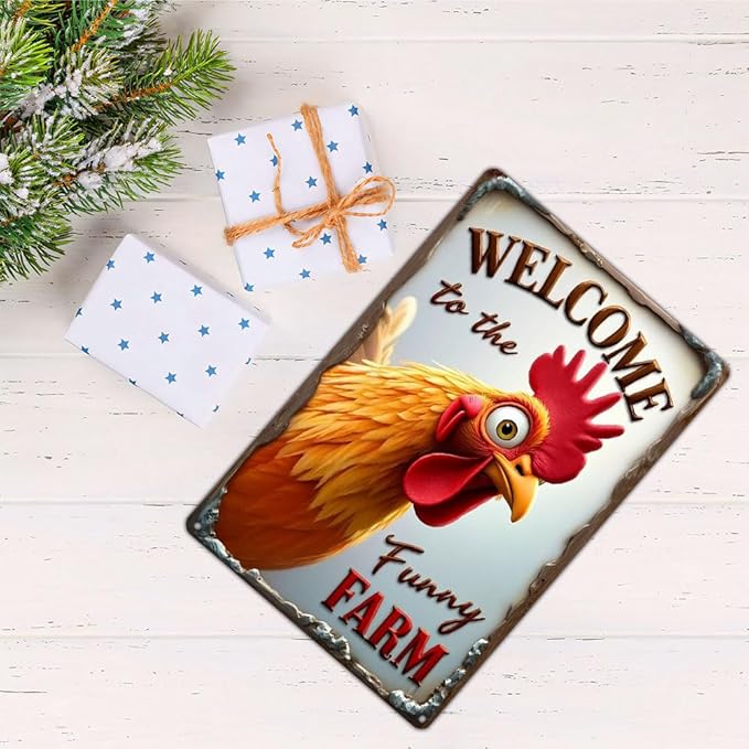 FunnySign Chicken Gifts Rooster Décor Welcome To The Funny Farm Rustic Tin Sign For Home Farm Chicken Coop Decor 8x12 Inch (9707)
