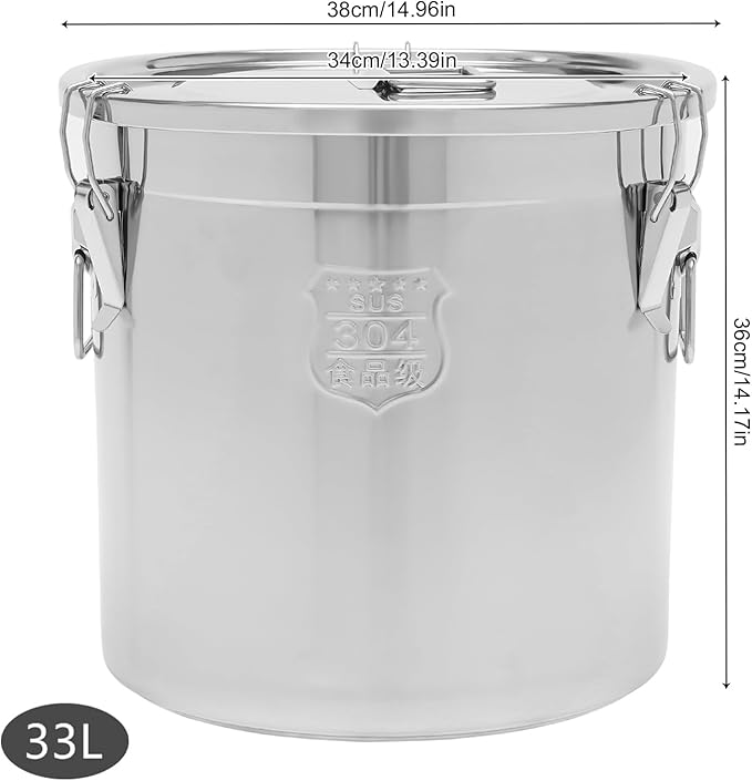 33L/8.72galStainless Steel Airtight Canister,Stainless Steel Storage Bucket with Airtight Lid &Locking Clamp,Durable Food Storage Canisters,Canisters Container for Flour,Grain, Oil,Rice,Sugar (33L)