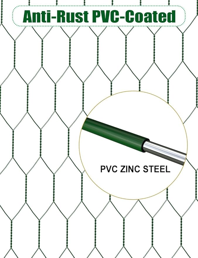 TOYPOPOR Chicken Wire, 16''x 600''/49ft Mesh Roll for Floral Arrangements, Anti-Rust PVC Coated Garden Netting, Rabbit Animal Fence with Cutting Plier, Gloves and Ties for DYI Crafts, Poultry, Garden