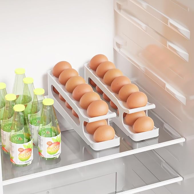 Egg Holder for Fridge, 2 Tiers Auto Rolling Forward (Can not Roll Down), Egg Storage Organizer for Refrigerator, Slim Space Saving Container, Dispenser - Egg Roller for Eggs 24 Count, Non-Stackable