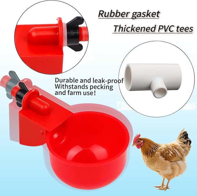 24 Pack Automatic Chicken Waterer Cups Kit, Gravity-Fed Poultry Drinker with PVC Tee Fittings for DIY 1/2" Pipe System for Chickens, Ducks & Turkeys (12 Cups + 12 PVC Tees, 24-Piece Kit)