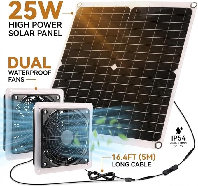 25W Solar Powered Fan for Chicken Coop, Greenhouse, Shed, Upgraded 16.4ft Long Cable Dual Exhaust Fan Kit, IP67 Waterproof Outdoor Solar Fan for Dog House RV Attic Ventilation